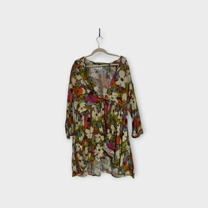 Floral High-Low V-Neck Dress in Cream and Multicolor